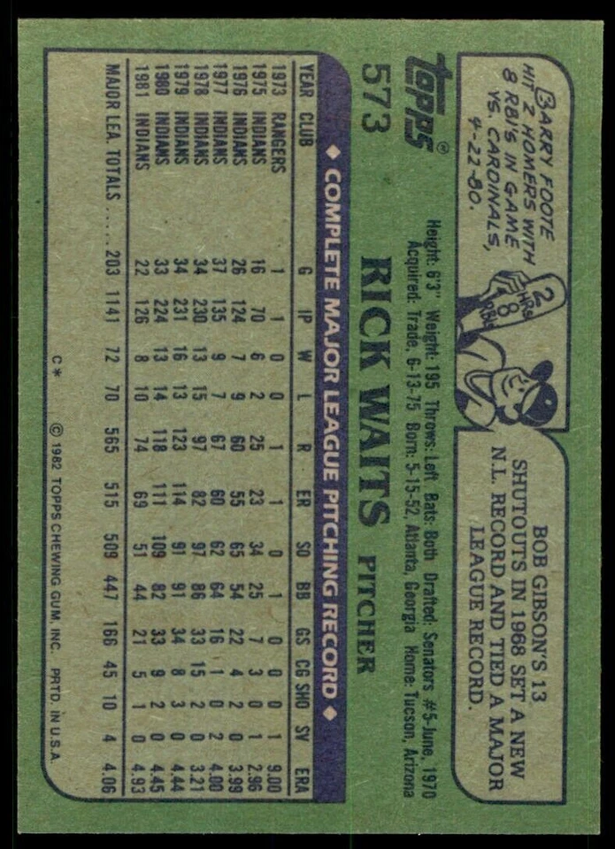 1982 TOPPS RICK WAITS . CLEVELAND INDIANS #573 - Image 2 of 2