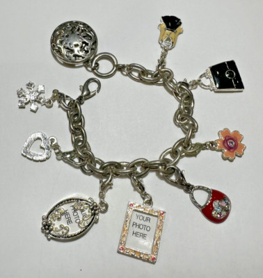 Chunky Flower Dangle Charms Silver Tone Photo Locket Chain Vintage ...