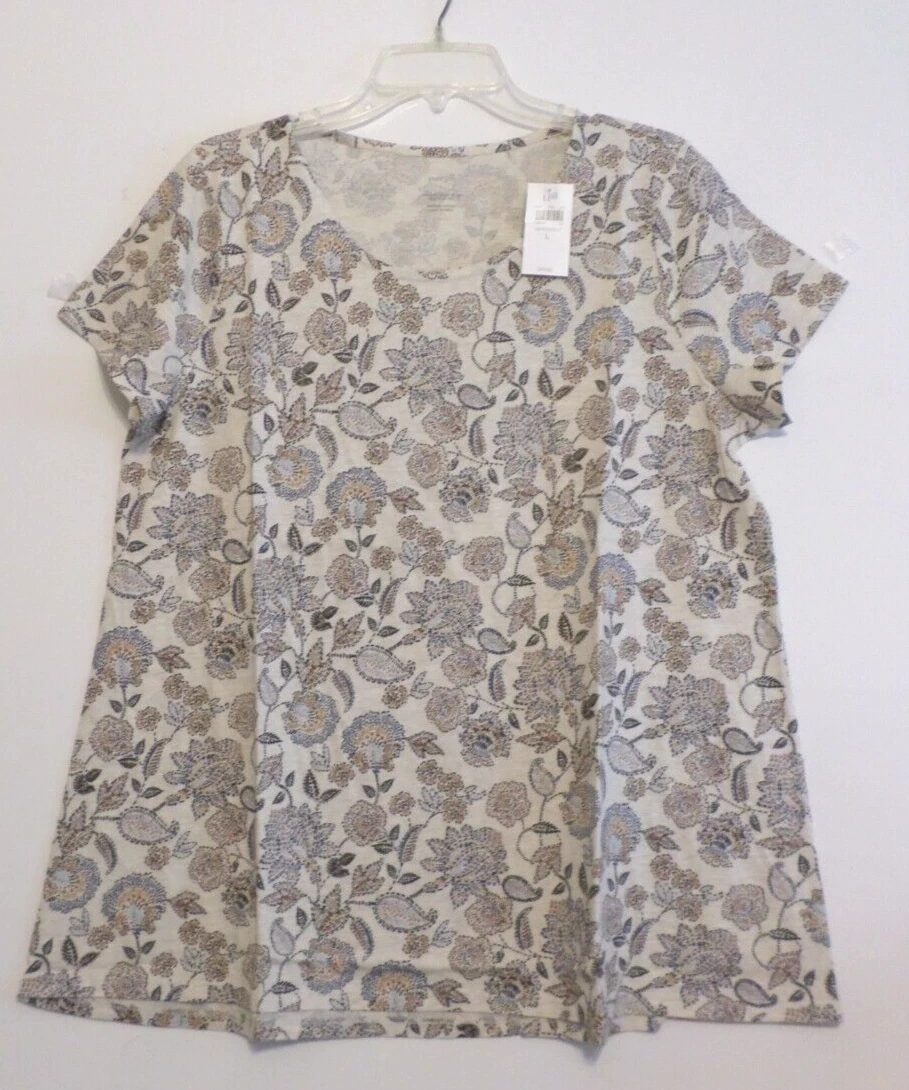 NWT PURE JILL(J JILL) SS SCOOP NECK PIMA ELLIPTICAL TEE-L-OATMEAL FLORAL-NICE!