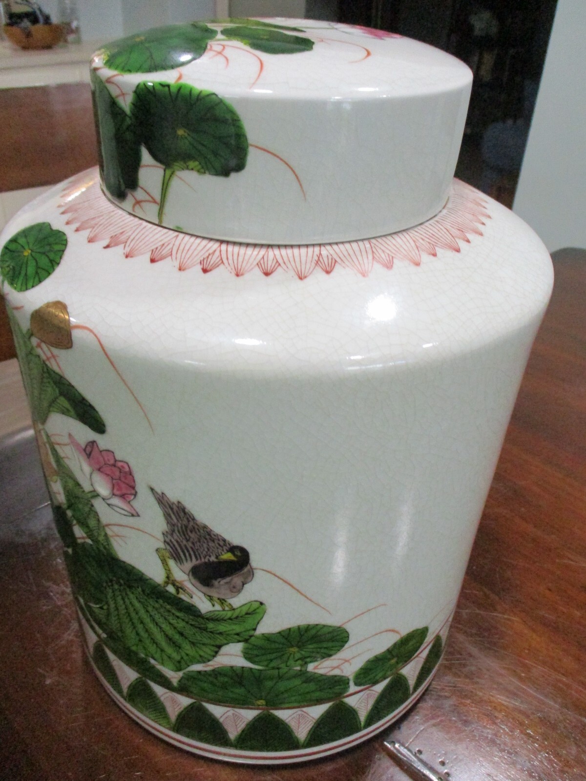 Fitz & Floyd Asian Chinoiserie  Large hand painted Lotus Ginger Jar crackled WOW
