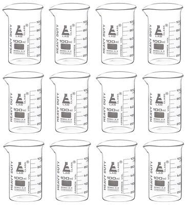 Eisco Labs 100ml Heavy Duty Beakers - Borosilicate 3.3 Glass - 12 Pack