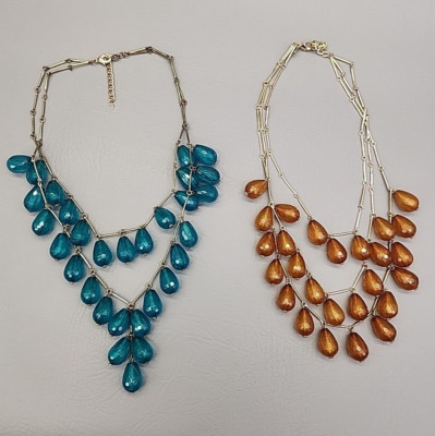 Roberta Chiarella Necklace Lot of 2 Acrylic Teardrop Layers Brown Teal Gold Tone