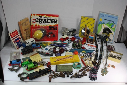 Estate Junk Drawer Lot Of Vintage jewelry toys matchbox advertising paper etc