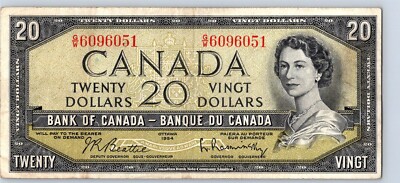 VINTAGE CANADA BANKNOTE 1954 20 DOLLARS  PREFIX GW  NO657