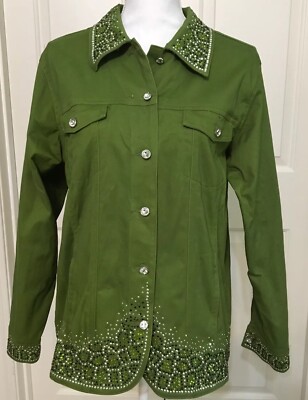 Quaker Factory size M Green button up bling jacket long sleeve women's