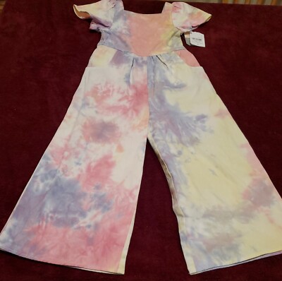 Pippa And Julie Toddler Girl Tie Dye Denim Jumpsuit Wide Leg Sz 4 NWT