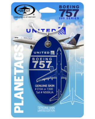 United Airlines Boeing 757-200 Tail #N559UA Blue Aluminum Plane Skin Bag Tag