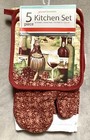 NEW European Country Wine Bottles 5pc Kitchen Dish Towels/Mitt/Pot Holders Set