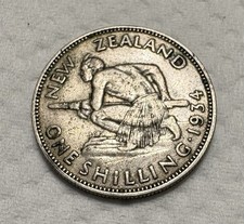 1934 New Zealand 1 Shilling Silver (.500) Coin