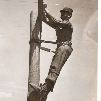 c1950s Lineman Telephone Pole Climbing Spurs Snapshot Photo Utility Worker Gaffs