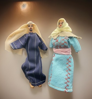 Vintage Middle-Eastern Handmade Doll Couple Wood Cloth Free Standing
