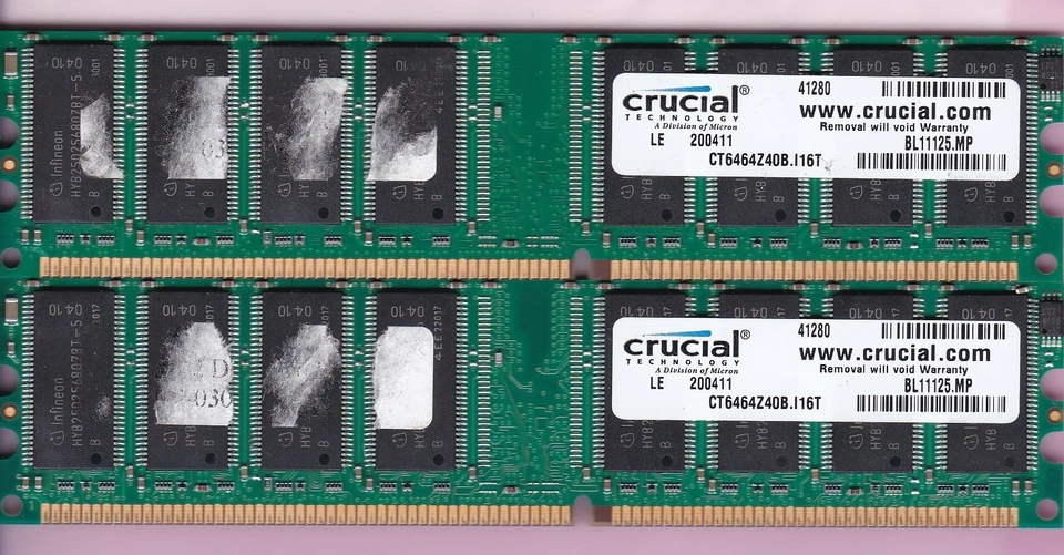 1GB 2x512MB PC-3200 DDR-400 RAM MEMORY KIT CRUCIAL INFINEON CT6464Z40B.I16T DDR1 - Image 2 of 3
