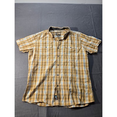 Kuhl Mountain Grown Mens Large Yellow Plaid Cotton Linen Short Slv Button Shirt