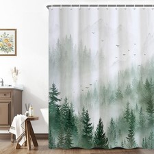 Misty Forest Mountain Pine Trees Birds Nature Shower Curtain Hooks 71x74 Inch