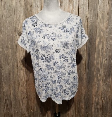 Lucky Brand M Top Gray Blue Floral Soft Knit Tee Casual Boho Coastal Comfy Bloom