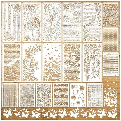 19pcs Stencils for Crafts Reusable Musical Notes Brick Branches Floral Textur...