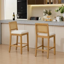 Set of 2 Kitchen Counter Height Bar Stools with Rattan Back Dining Set Barstools