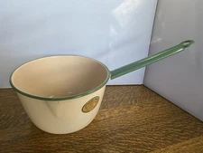 Vintage Cream With Green Trim Vollrath Enamelware Stock Pot Pan w/Pour Spout