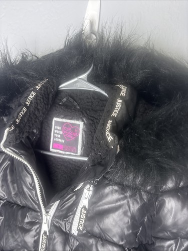 Justice Girls' Winter Puffer Black Coat Faux Fur Lined Hood Size 10/12 - Picture 3 of 9
