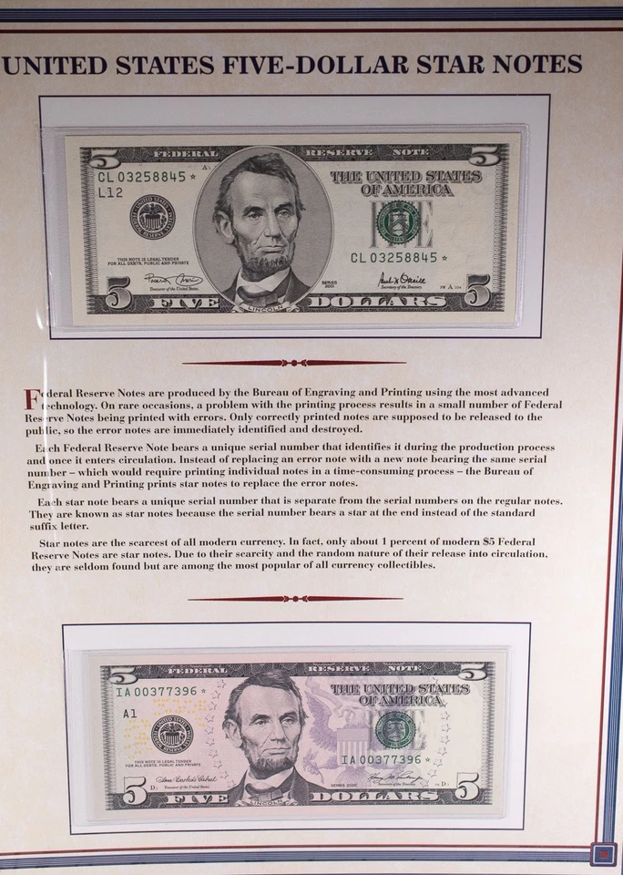 United States $5 Currency 2006 Uncut Sheet 2001 & 2006 *Star* Notes UNC - Image 3 of 4