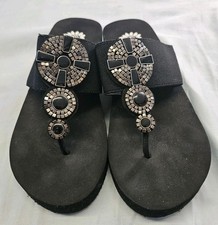 Yellow Box Wedge Sandals W/ Black Jeweled Straps Size 7