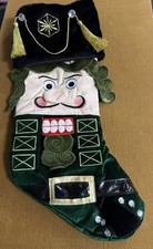 Nutcracker Face Christmas Stocking Green Velvet Rhinestones Tassels