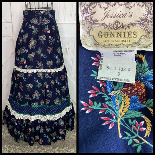 70's Vintage Gunne Sax Gunnies Blue Rainbow Calico Corset Prairie Maxi Skirt