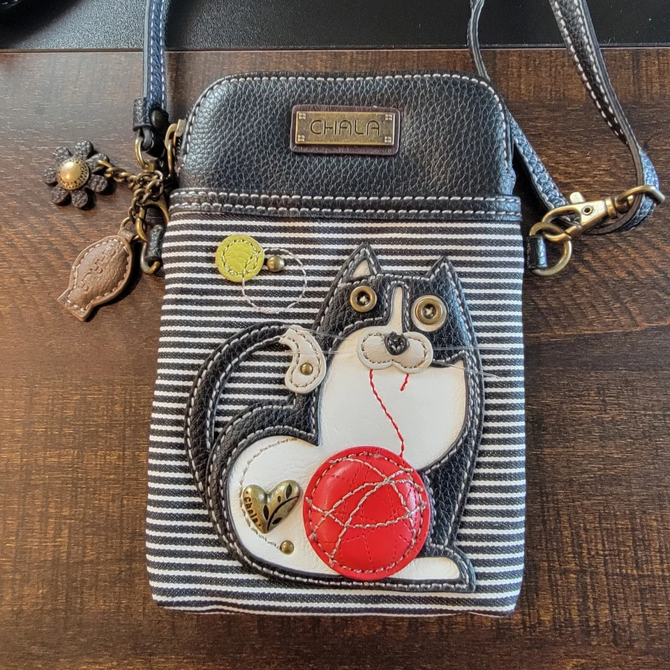 CHALA Fat Cat Bandolera Teléfono Celular Cartera Bolso Dijes Gatito Negro Rayas Hilo Foto 2 de 4