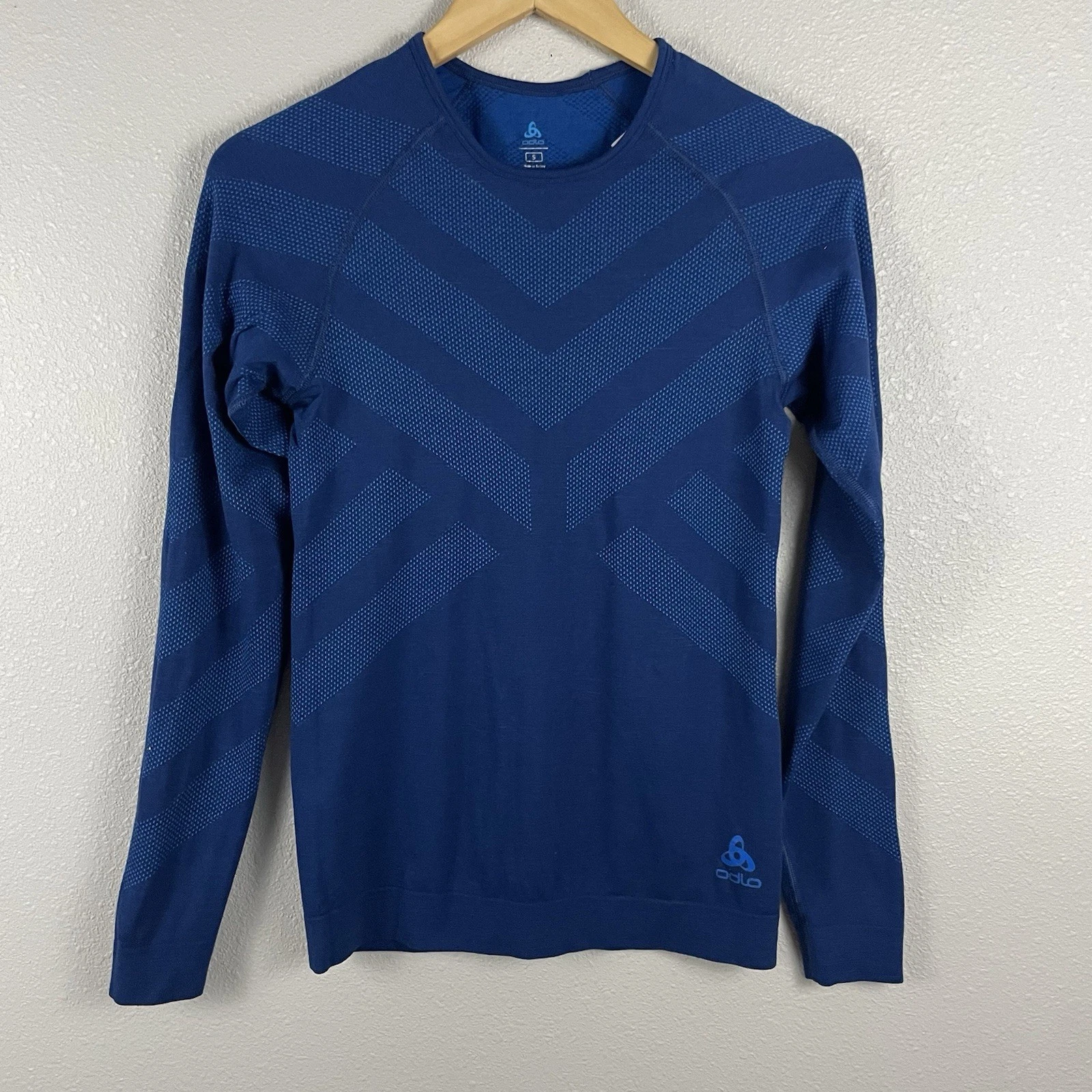 Odlo Mens S Blue Kinship Warm Crew Neck Long Sleeve Base Layer Merino Blend