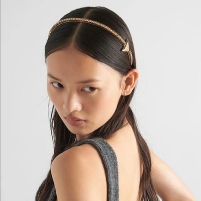 PRADA Gold Crystal Headband Hair Band Triangle Logo 1IH048  display picture 1
