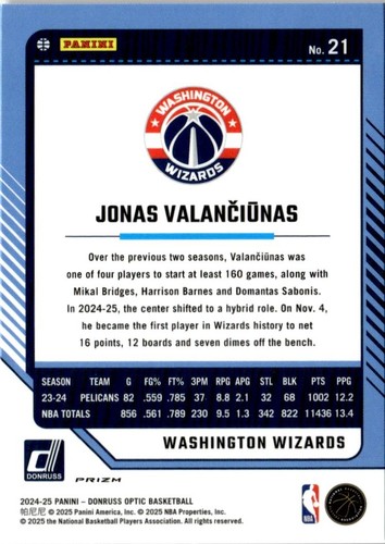2024-25 Donruss Optic Purple Prizm Jonas Valanciunas Washington Wizards #21 - Picture 2 of 2