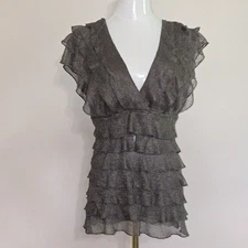 Max Studio MSSP Womens L Metallic Grey Graphite Ruffled Tiered V Neck Plunge Top