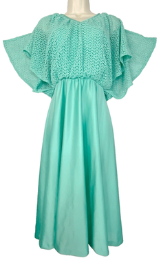 Vintage 1970s seafoam green midi dress knit lace cape sleeve A line silky  disco | eBay