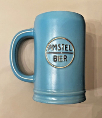 AMSTEL Bier Beer Mug Ceramic 5 1/4'' High D Handle Embossed Logo Vintage Blue