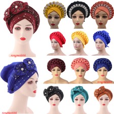 African Women Auto Gele Headtie Turban Hair Bonnet Hat Headscarf Wrap 2pcs Cap