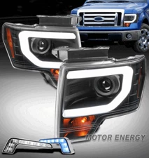 For 13-14 Ford F-150 Built-In LED Projector Black Headlight Lamp+Blue DRL Signal