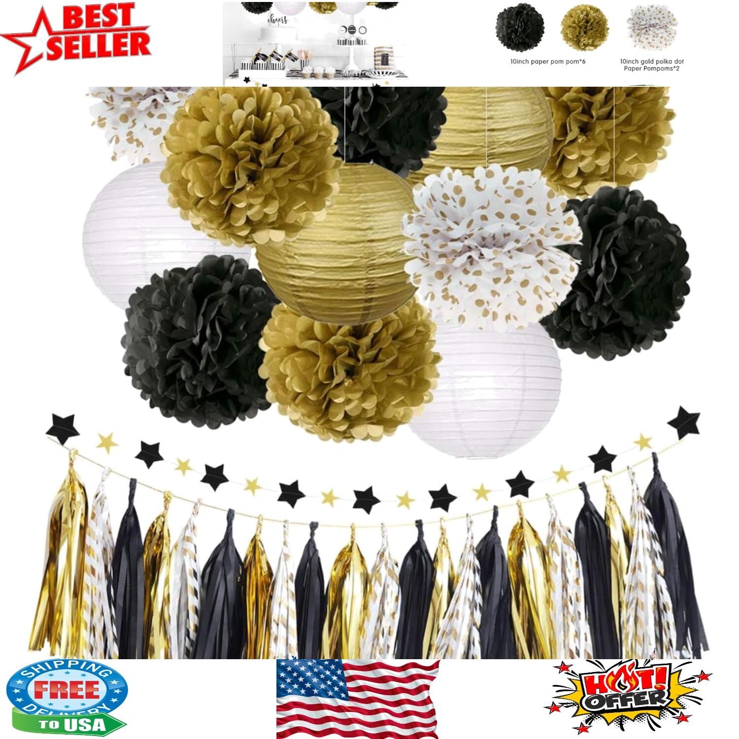 Versatile 28-Piece Black Gold Décor Set for New  & Graduation Celebrations