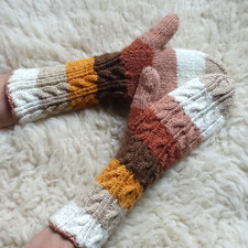 Long Mittens Original Handmade Knitted Cable Design Washable Acrylic Stripes