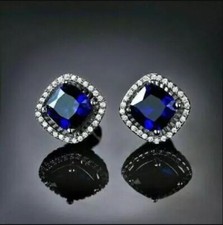 4Ct Cushion Lab-Created Blue Sapphire Halo Stud Earrings 14K White Gold Plated