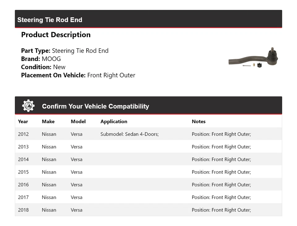 Extremo de barra de dirección delantero derecho exterior MOOG 2012 2013 para Nissan Versa 2012-2018 Foto 2 de 4