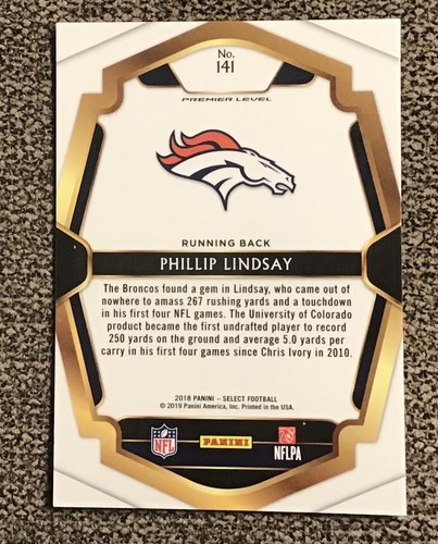 Phillip Lindsay 2019 Panini Select Premier Level Rookie Denver Broncos Mint - Bild 2 von 2