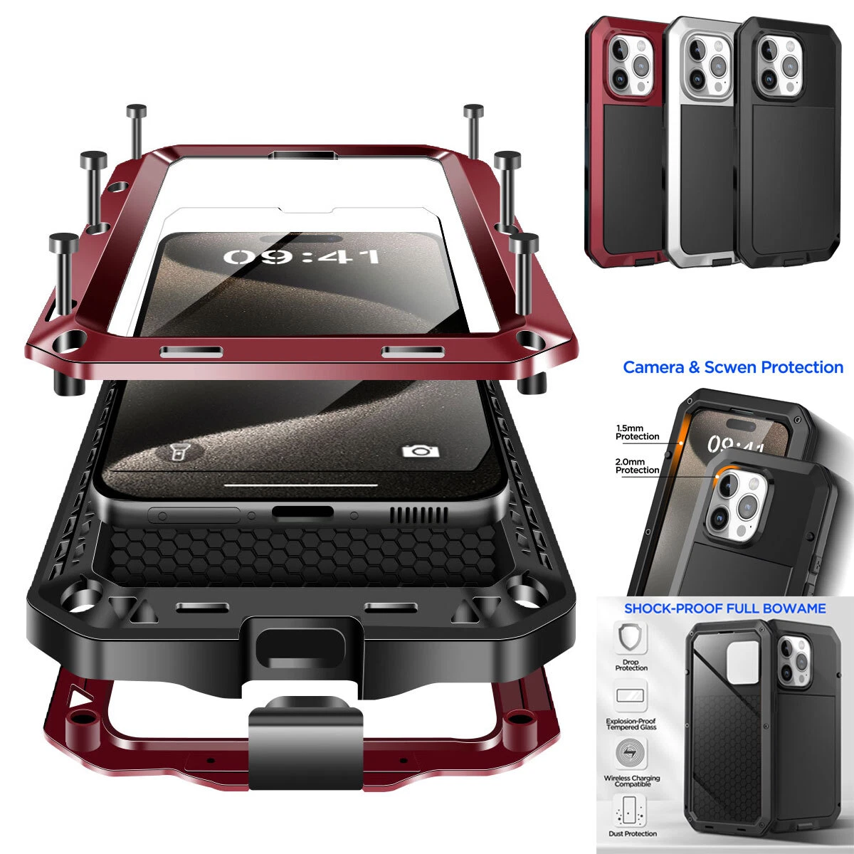 For iPhone 15 11 12 13 14 Pro Max Metal Case Heavy Duty Shockproof Tough  Cover