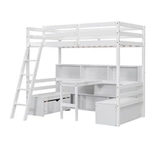 Modern Twin Loft Bed w/Storage Shelves, Drawers, Seat And Desk, Pinewood, White