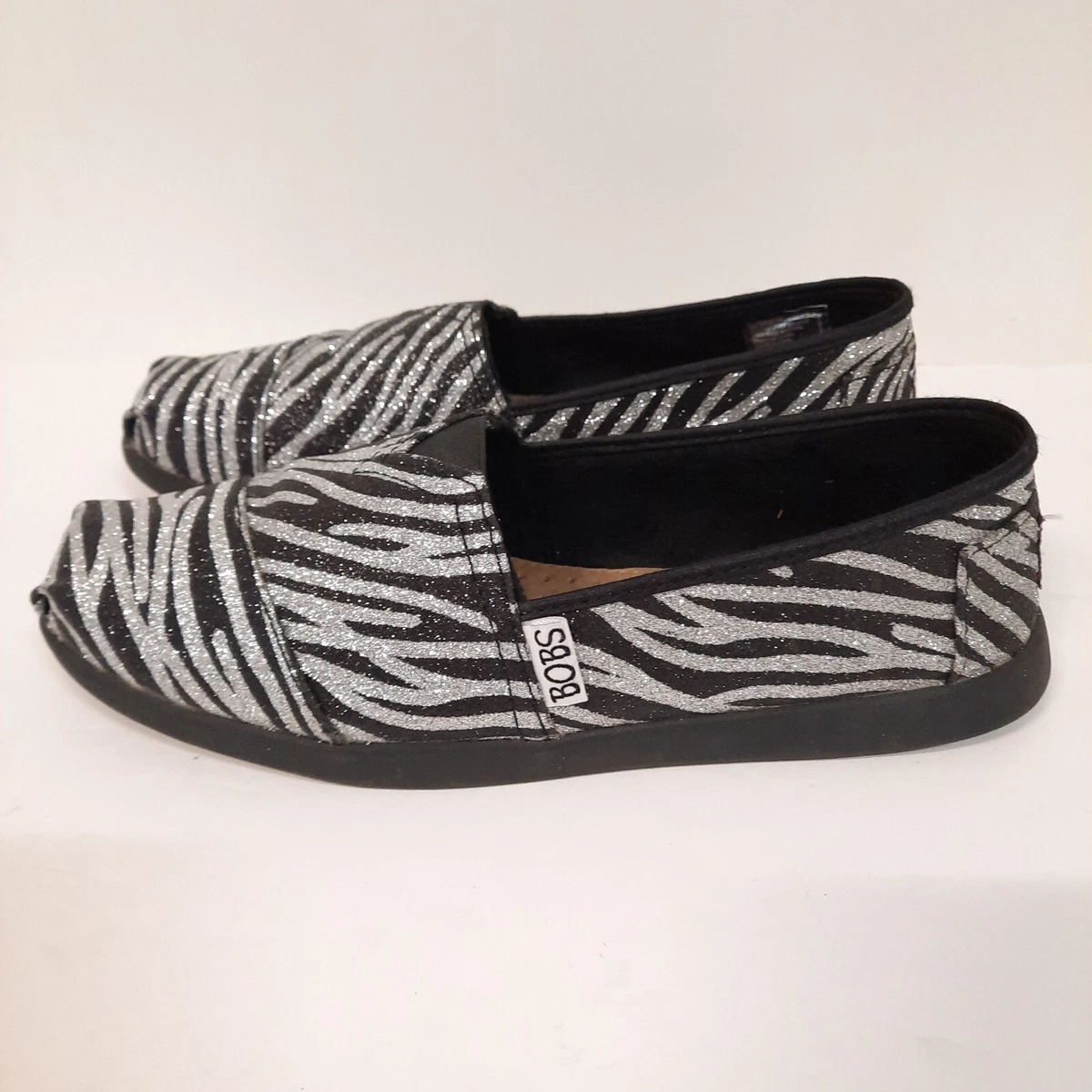 Bob s Skechers Black Silver Sparkle Zebra Faux Fur Lining Leather
