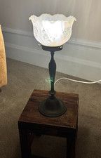 vintage brass table lamp with fluted and etched shade , working used.