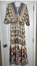 FARM Rio for Anthropologie Kaftan Maxi Dress Size S Fruit/VegFloral Cutout Boho 