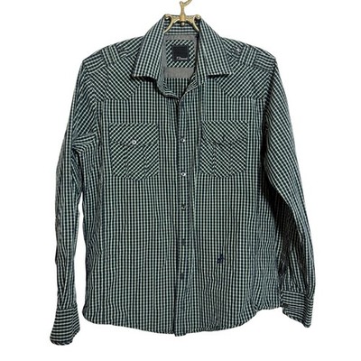 7 Diamonds Mens Western Button Down Shirt Green Blue Plaid Cotton Epaulettes L