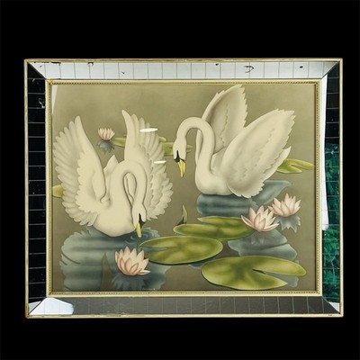 MCM Turner White Swans Print 'Pink Lilies' Orig Mirrored Frame
