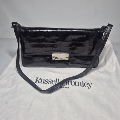 Russell & Bromley Schultertasche schwarz Krokoprägung Leder Clutch + Staubbeutel