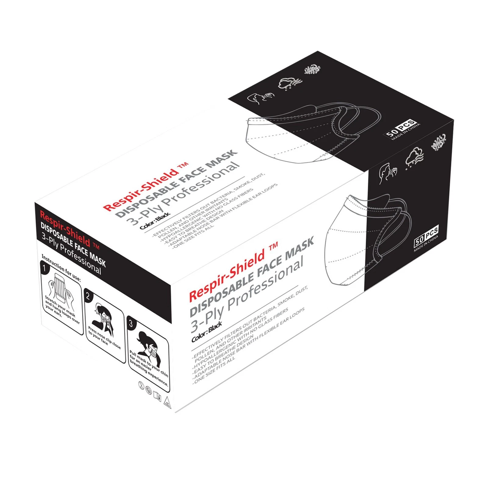 Respir-Shield™ Loop Face Mask Non-Medical, 200PCS Black Disposable 3-ply Masks